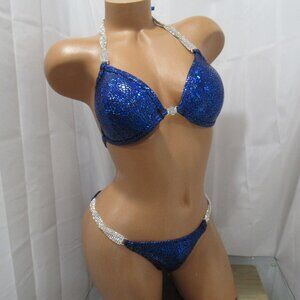 COMPETITION BIKINI POSING SUIT BLACK/ BLUE HOLOGRAM handmade 34C